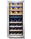 KRC-33BSS Kompressor Weinkühlschrank, 100 Liter, 33 Flaschen (bis zu 310 mm Höhe), 2 Zonen 5-10°C/10-18°C, 7 Holz-Einschübe, LED-Display, Edelstahl Glastür